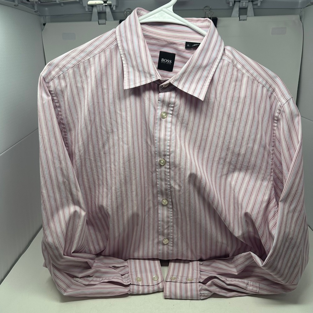Hugo Boss Button Down Shirt Men XL Pink Stripe Long Sleeve Dress Shirt Cotton